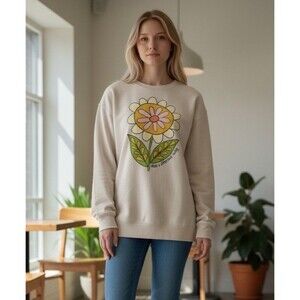 Natural Life Daisy Flower Crewneck Sweatshirt Women’s Small Beige Inspirational